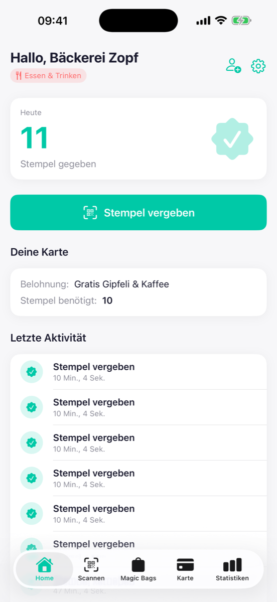App-Vorschau: Geschäftsansicht mit Stempelvergabe und Tagesübersicht